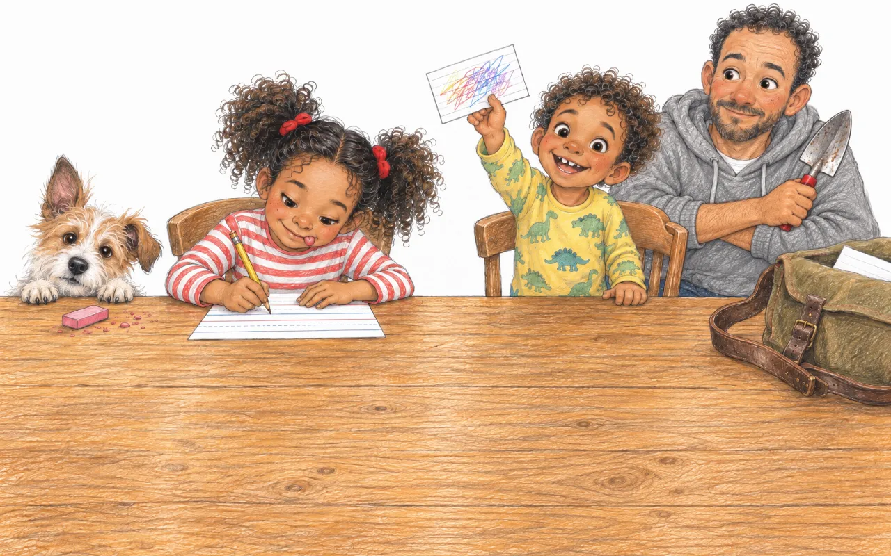 Friday morning at the kitchen table, seen from the parent's chair: June writing her test with her tongue out, Teddy in dinosaur pyjamas waving his scribbled card, Biscuit the dog by the eraser crumbs and Sam with his red-handled trowel.