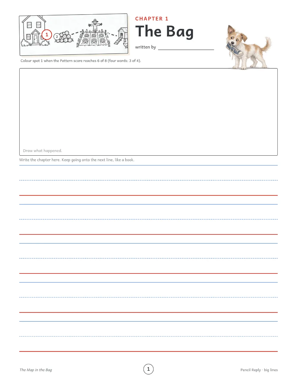 Week 1's chapter page on big lines: the strip of Sam's map with spots 1 and 2, Chapter 1 The Bag, written by, the dog on the drawing frame and the rows to write on.