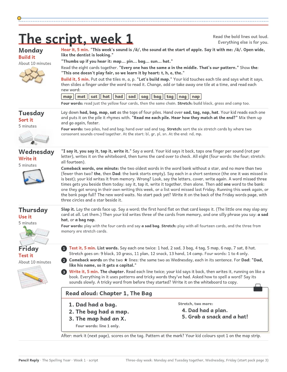 Week 1's script: what to say Monday to Friday, the first word bank word with its three circles and star, and Chapter 1 of the story as the dictation sentences.
