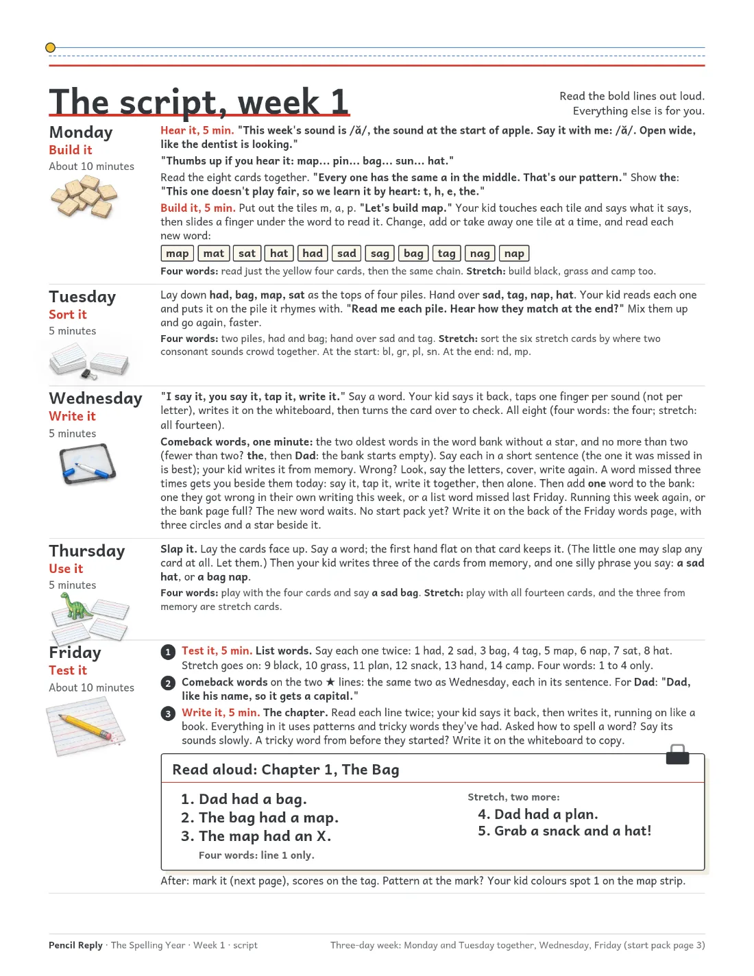 Week 1's script, page 2 of the free week: what to say Monday to Friday, ending on Friday's Read aloud box, Chapter 1, The Bag.