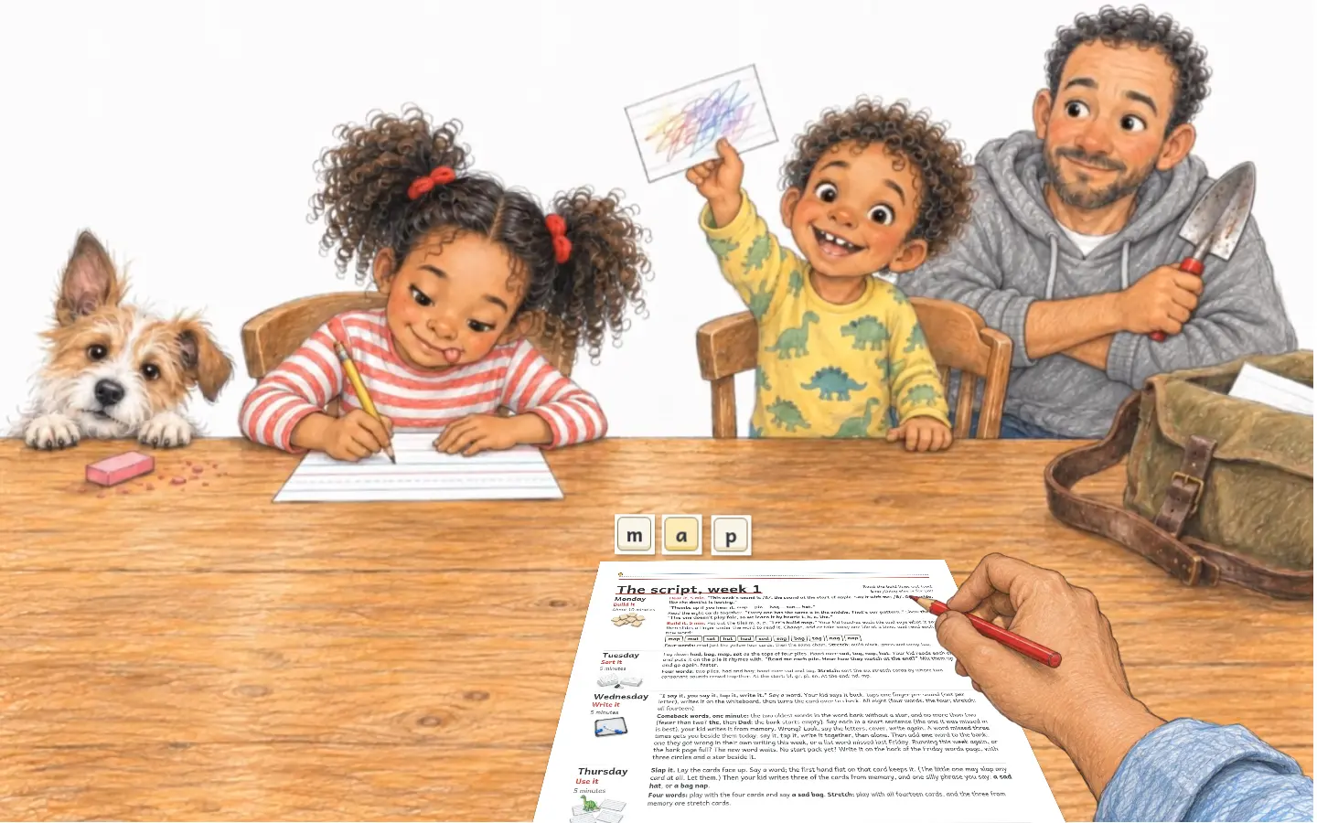 Friday at the kitchen table from the parent's seat, week 1's script lying in front of you beside three letter tiles.