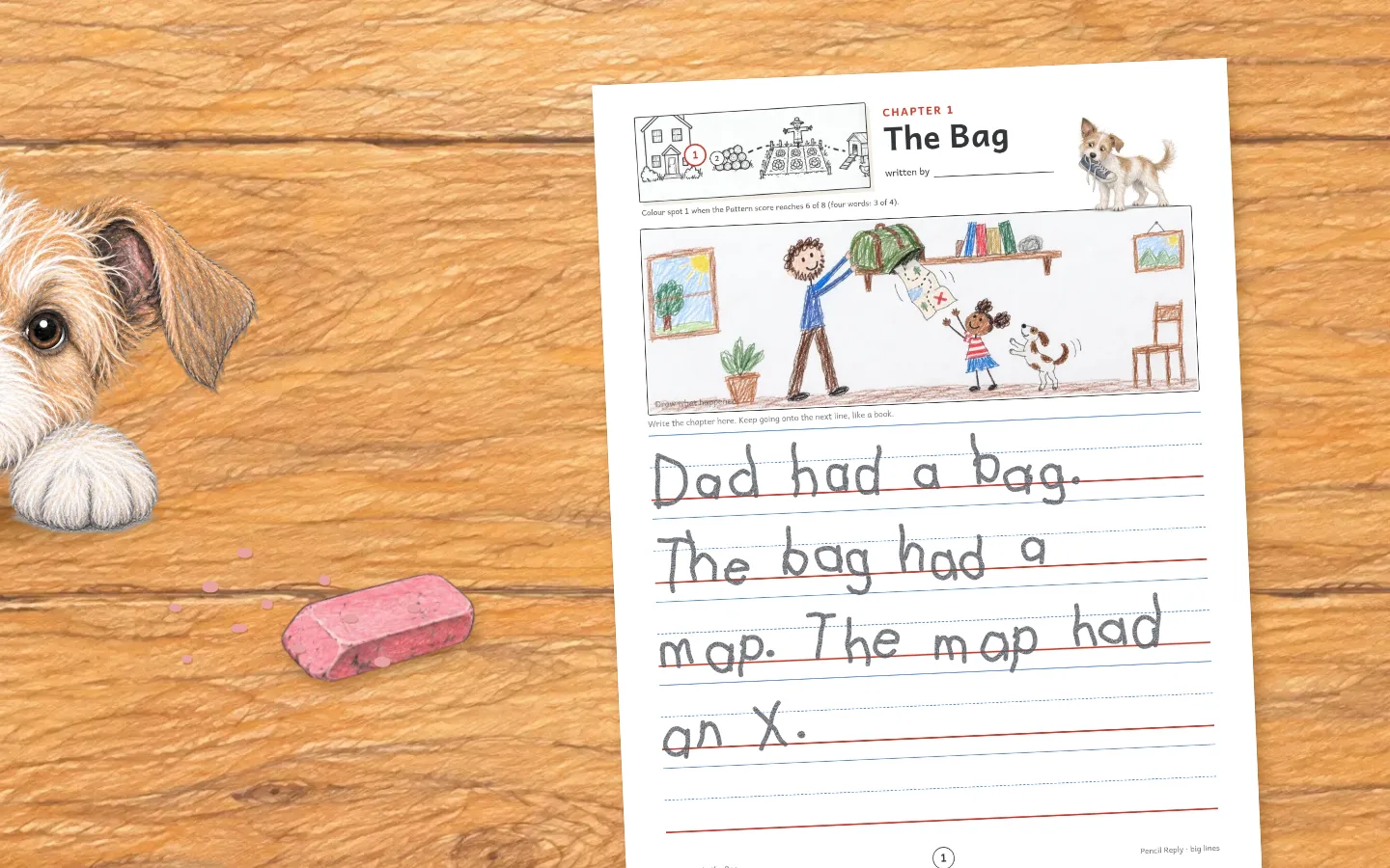 Looking down at June's chapter page on the table: Chapter 1, The Bag, with 'Dad had a bag. The bag had a map. The map had an X.' written on the big lines in pencil.