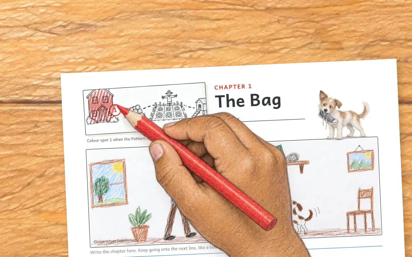 June's red pencil colouring spot 1 and the house on the map strip at the top of her chapter page.