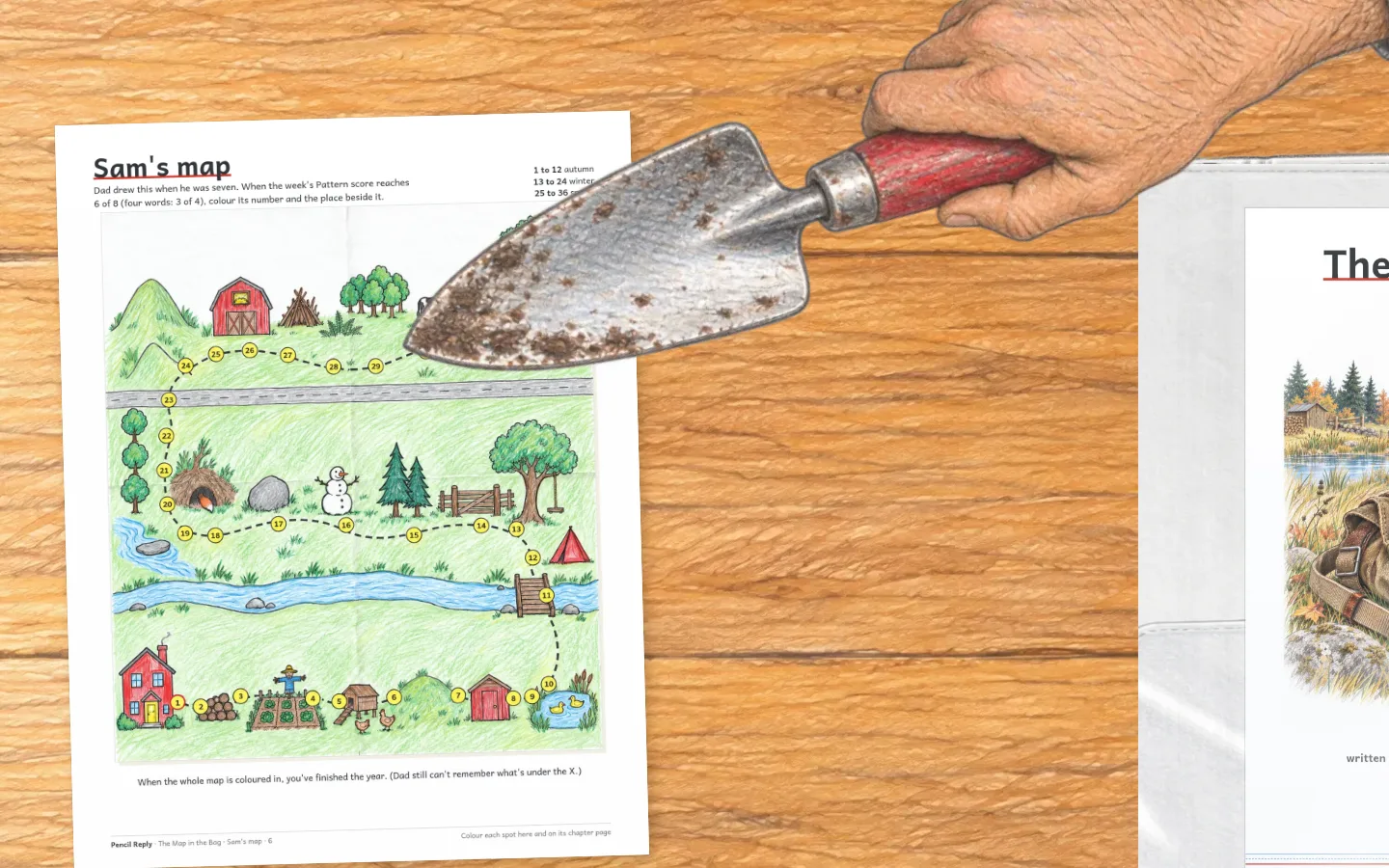 The top of Sam's map, fully coloured, with Sam's red-handled trowel hovering over the little red X by the giant tree.