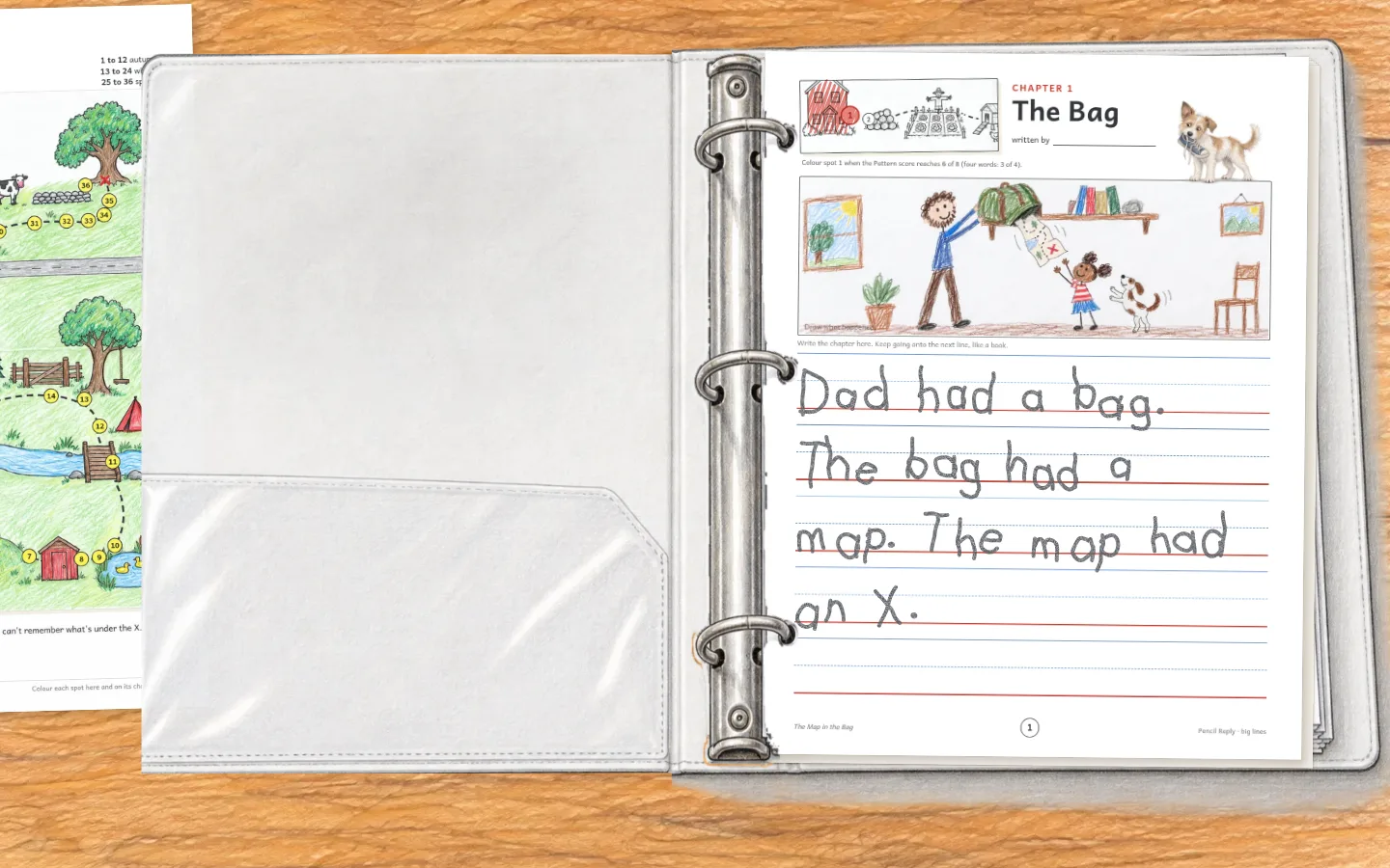 A white binder lying open: the inside of its cover on the left, and on top of a thick stack of pages, June's Chapter 1 in her pencil.