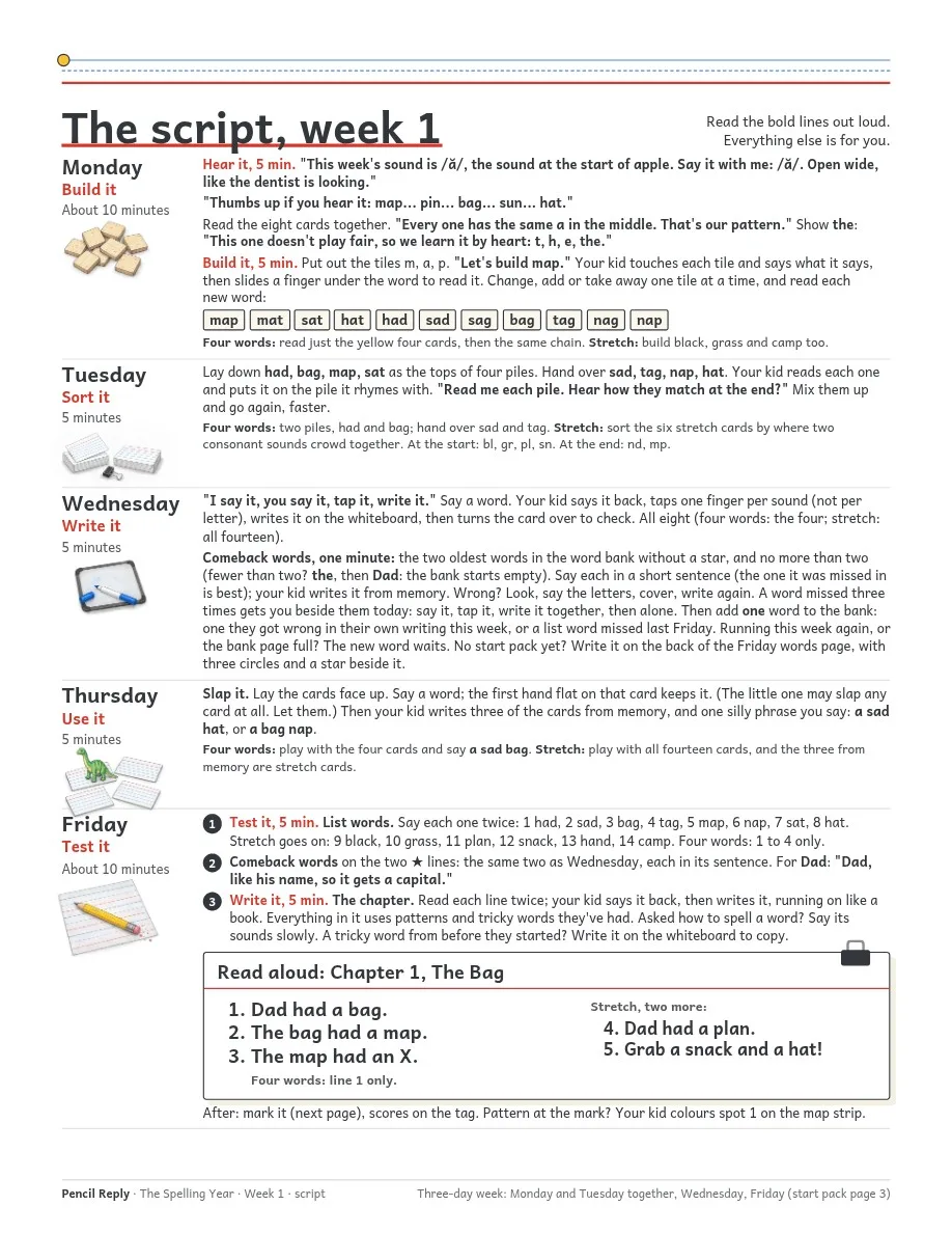 Week 1, page 2: the script, with bold lines to say Monday to Friday and Chapter 1 to read aloud.