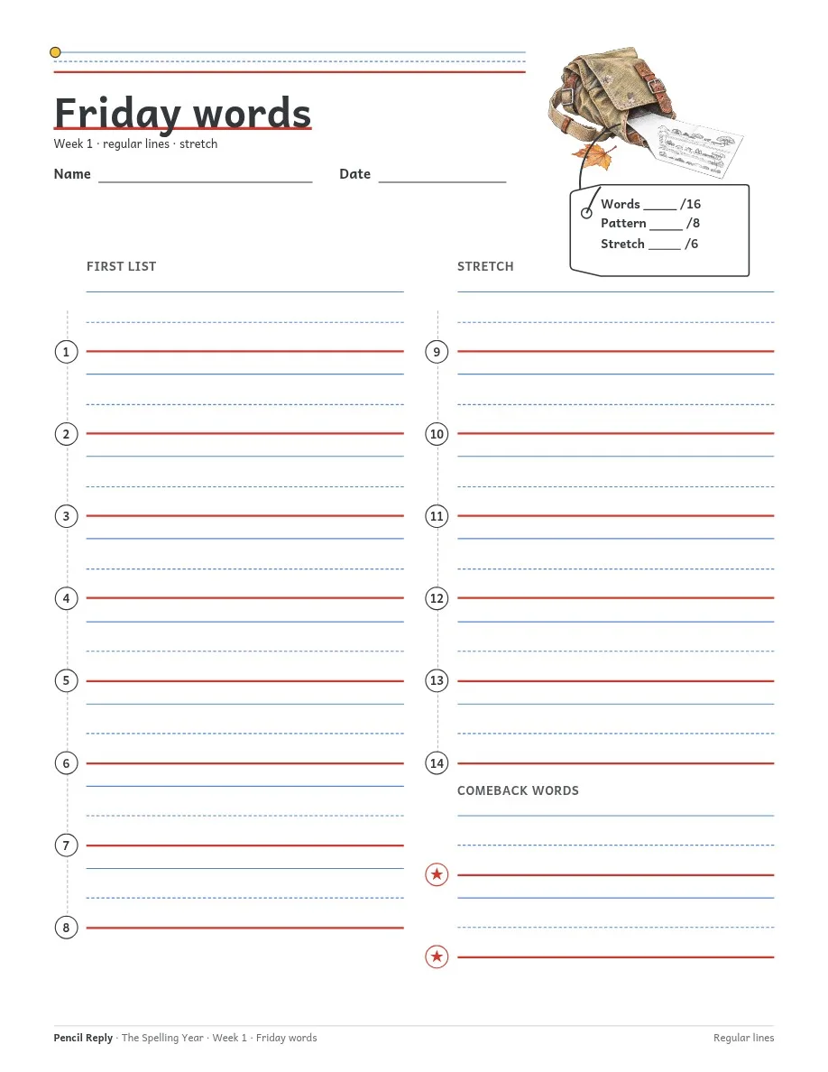 Week 1, page 7: Friday words on regular lines for the stretch list, 14 numbered lines and 2 starred comeback lines.