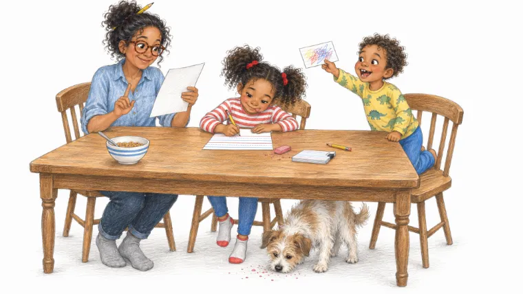 Friday at the kitchen table: Dana reads the next word off her sheet and holds up one finger to Teddy, June writes on her handwriting paper with her tongue out, Teddy waves his own scribbled card, and Biscuit eats the eraser crumbs under the table.